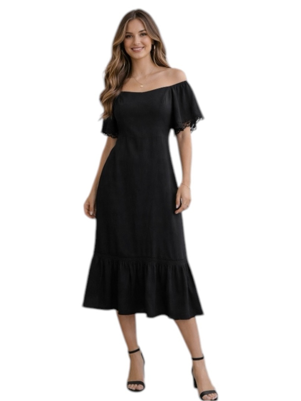 Sofia Vergara Black Off Shoulder Midi Dress Ruffle Hem XS NWT
